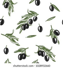 Fondo de estilo retro. Ilustración vintage de Vector con racimo de frutas de olivo y ramas de olivo con hojas aisladas sobre fondo blanco. Boceto de aceitunas dibujadas a mano. Patrón sin fisuras. 