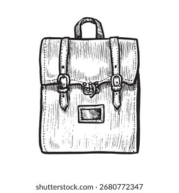 Mochila estilo retro, vista frontal, desenho de tinta preta doodle, vetor de xilogravura