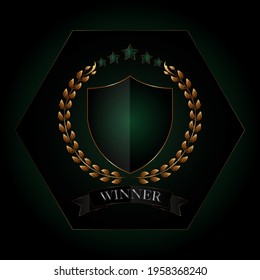Retro style badge and shield with 5 stars and black gray ribbon, gold border, black-green gradient background with winner message.