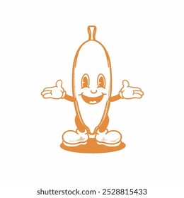 retro style banana mascot illustration. Vintage, groovy, sticker, t-shirt, packaging, elment, icon, colloring book, vector, fruits