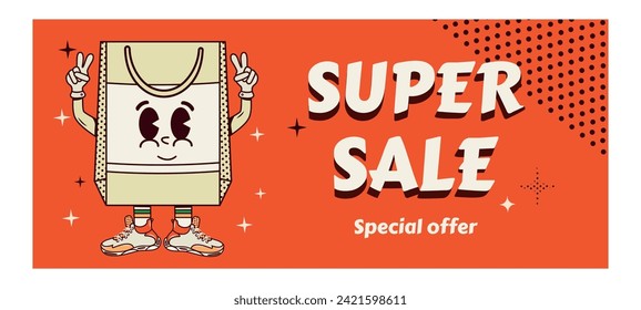 Retro style banner with a character in the form of a shopping bag. Sale and discounts. Purchases. Hippies and 60s. Vector illustration. Y2k. Voucher. Shops and special offer. Background
