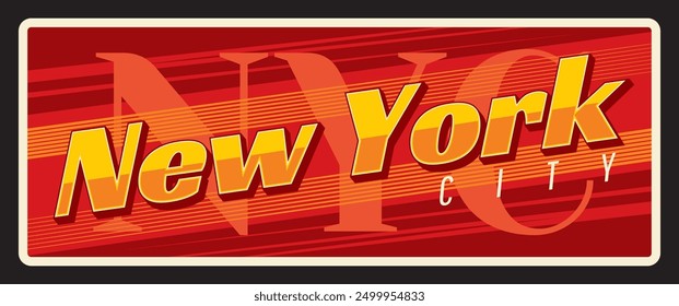 Retro style banner for New York City, vector card with bold yellow typography on red background with dynamic stripes and the abbreviation NYC, highlighting vibrant and energetic essence of the city