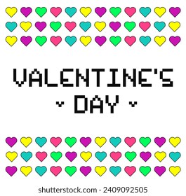 Retro style banner for Valentine's Day. White background with isolated colorful hearts. Vector illustration.