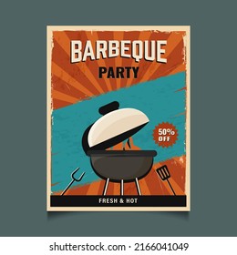 Retro Style Barbeque Party Flyer Design With 50% Discount Offer, Charcoal Grill For Advertising.