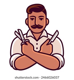 Retro style Barber man with scissors and shaving blade. Stylized  illustration, vector clip art