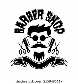 Retro style barber shop design vector illustration showing hairdressing tools, combs and scissors, bearded face with sunglasses. Ideal for branding, promotional designs related to barber services.