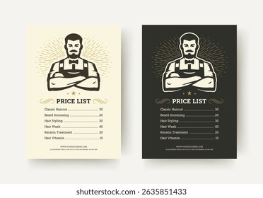 Retro style barbershop price list flyer with muscular barber icon, sunburst background, elegant typography, and detailed grooming service pricing. Vector illustration
