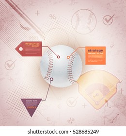 Retro Style Baseball Ball Infographics Background Design And Sports Web Banner, Stats, Realistic Vector Elements