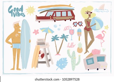 Retro style beach elements. Big vector set. All elements are isolated