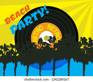 Retro style beach party poster. Seascape with palm trees on the background of a huge vinyl record. 