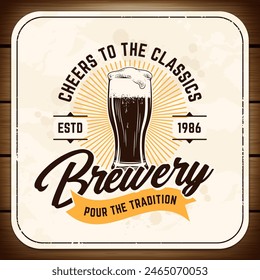 Retro style beer emblem with typography and pint of stout. Beermat design. Vector graphic.