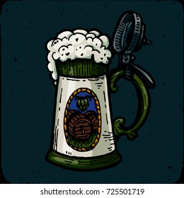 Retro style beer mug engraving. Beer mug in Holland style with a lid. Vintage engraving illustration for poster oktoberfest. Pint sketch style Old engraving imitation. Hand drawn Craft beer cup Vector