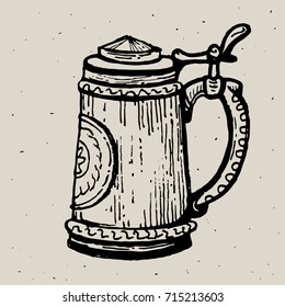 Retro style beer mug or glass engraving. Local brewery. Vintage vector engraving illustration for web, poster, label, invitation to oktoberfest festival, party. Beer pint sketch style illustration