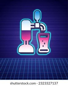 Retro style Beer tap with glass icon isolated futuristic landscape background. 80s fashion party. Vector