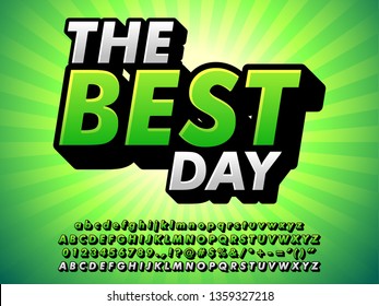 retro style best brand green font, typeface with glowing green color, sunburst background and bright glowing color style