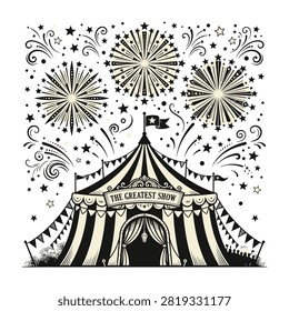 Retro style big top circus tent illustration with festive fireworks and stars. Perfect for vintage carnival themes, circus party invitations, and entertainment design backgrounds.