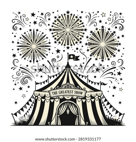 Retro style big top circus tent illustration with festive fireworks and stars. Perfect for vintage carnival themes, circus party invitations, and entertainment design backgrounds.