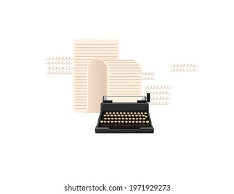 Retro style black color typewriter machine with long paper scroll vector illustration on white background