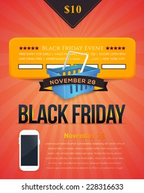 Retro Style Black Friday Sale Poster, Flyer, Advertising Template Red - Orange Background