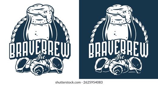 Retro style black and white design featuring overflowing beer mug wrapped with rope and decorated with seashells. Marine brewing, nautical beer, ocean brew, sea craft beverage theme.