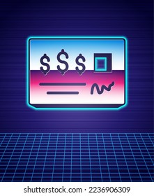 Retro style Blank template of the bank check and pen icon isolated futuristic landscape background. Checkbook cheque page with empty fields to fill. 80s fashion party. Vector