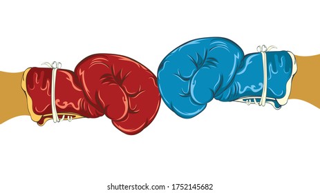 Retro style blue and red boxing gloves, sport themed illustration.
