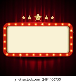 Retro style board with light bulb frame. Rectangle shape. Vintage theater sign