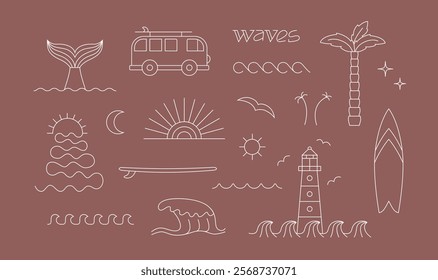 Retro style, bohemian, hippie linear surfing, ocean, sea, freedom badge, icon, design. Simple geometric surf camp, t shirt, sticker vector illustrations.