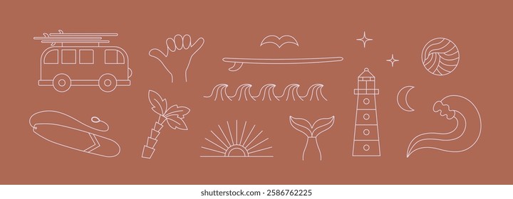 Retro style, bohemian, hippy linear surfing, ocean, sea, van, lighthouse, hand elements, icons. Simple geometric surf camp, resort vector illustrations set