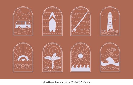 Retro style, bohemian linear surfing, ocean, sea badge, icon, design. Simple geometric surf camp, resort with white elements vector template, design frame.