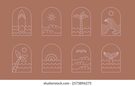 Retro style, bohemian linear surfing, ocean, sea, sunrise, sunset badge, icon, design. Simple geometric surf camp, resort logo design frame template.