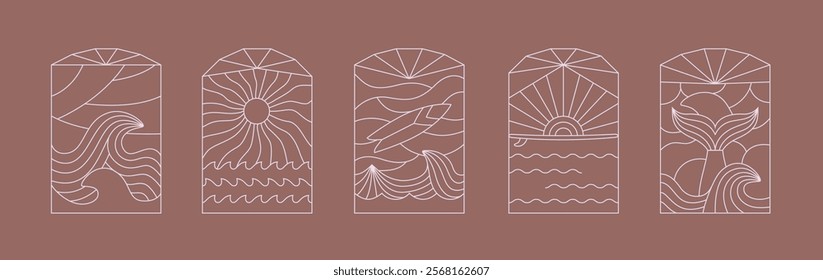 Retro style, bohemian simple linear surfing, ocean, sea badge, icon, design. Simple geometric surf camp, resort template, design frame set.