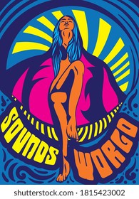 Estilo retro negrita psicodélico Sonidos Mundial afiche o diseño de pancartas con una joven mujer con piernas largas y pelo azul en un fondo abstracto, ilustración de vector de color