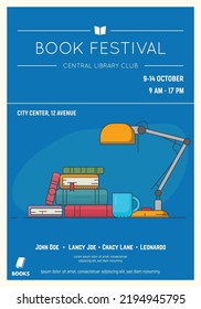 Retro style book reading club poster. Book festival and event poster template. Old style movie placard for book festival with stylish line vector illustration. Books, table lamp and mug.