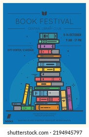 Retro style book reading club poster. Book festival and event poster template. Old style movie placard for book festival with stylish line vector illustration. Big pile of books line style.