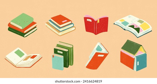 Retro style books elements isolated on light orange background.