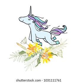 Retro style botanical illustration with flowers and animal. Delicate vector background with floral composition