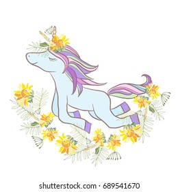 Retro style botanical illustration with flowers and animal. Delicate vector background with floral composition