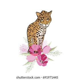 Retro style botanical illustration with flowers and animal. Delicate vector background with floral composition