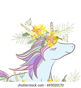 Retro style botanical illustration with flowers and animal. Delicate vector background with floral composition