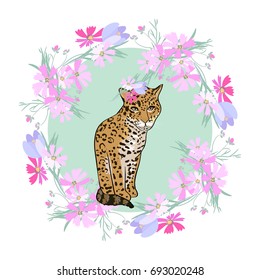 Retro style botanical illustration with flowers and animal. Delicate vector background with floral composition