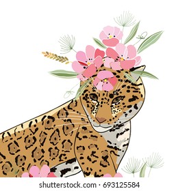Retro style botanical illustration with flowers and animal. Delicate vector background with floral composition