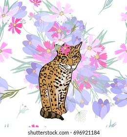 Retro style botanical illustration with flowers and animal. Delicate vector background with floral composition