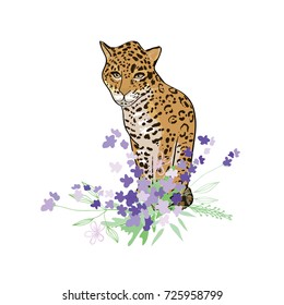 Retro style botanical illustration with flowers and animal. Delicate vector background with floral composition