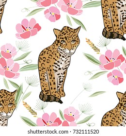 Retro style botanical illustration with flowers and animal. Delicate vector background with floral composition