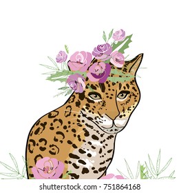 Retro style botanical illustration with flowers and animal. Delicate vector background with floral composition