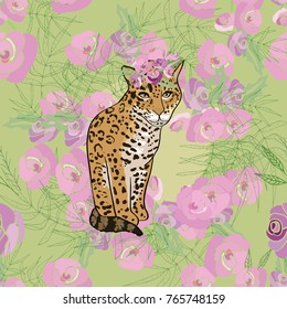 Retro style botanical illustration with flowers and animal. Delicate vector background with floral composition