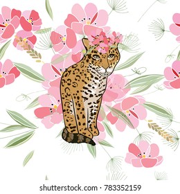 Retro style botanical illustration with flowers and animal. Delicate vector background with floral composition