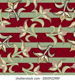 Retro-Stil Botanik nahtlose Muster mit zufälligen Tulpenblumen gedruckt. Grüner und roter Streifen. Grafisches Design für die Verpackung von Papier und Texturen aus Stoff. Vektorgrafik.