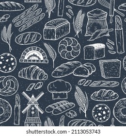 Retro style bread and bakery seamless pattern or background